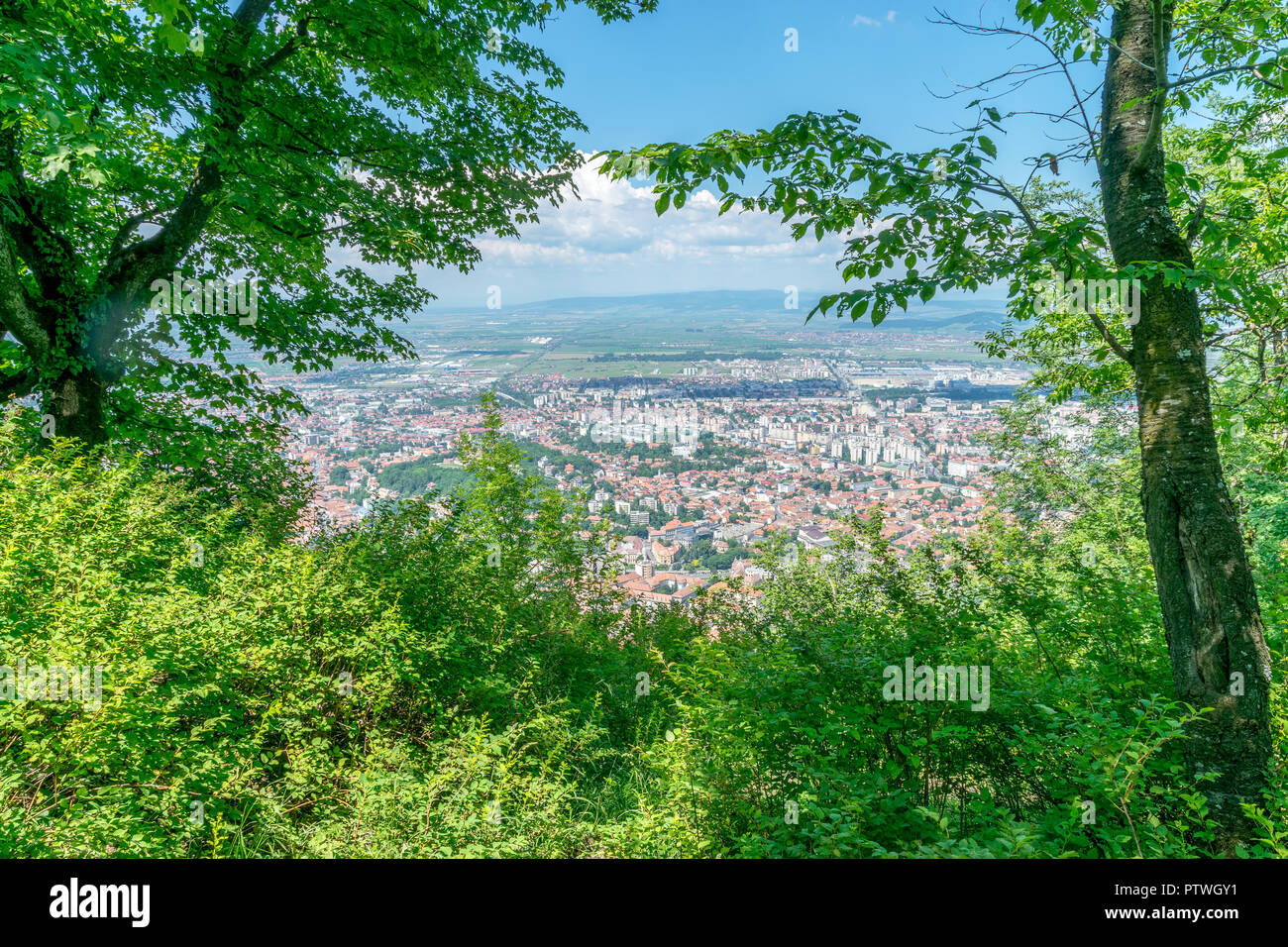 Overview of Brasov City viewed from Tampa Mountain, Brasov, Romania. Stock Photo