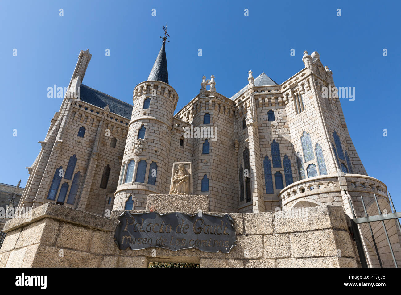 Astorga, Spain: The main facade of the Episcopal Palace of Astorga. Built by Catalan architect Antoni Gaudí between 1889 and 1913, the building now ho Stock Photo