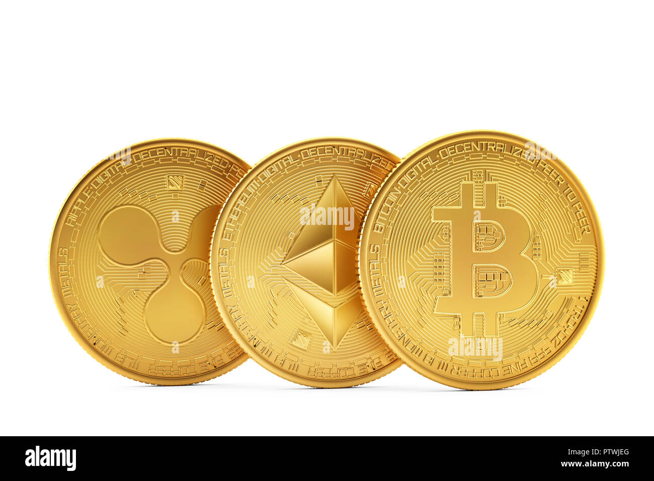Golden cryptocurrencies coins: Ethereum, Bitcoin, Ripple. 3D illustration.  Isolated. Contains clipping path Stock Photo - Alamy