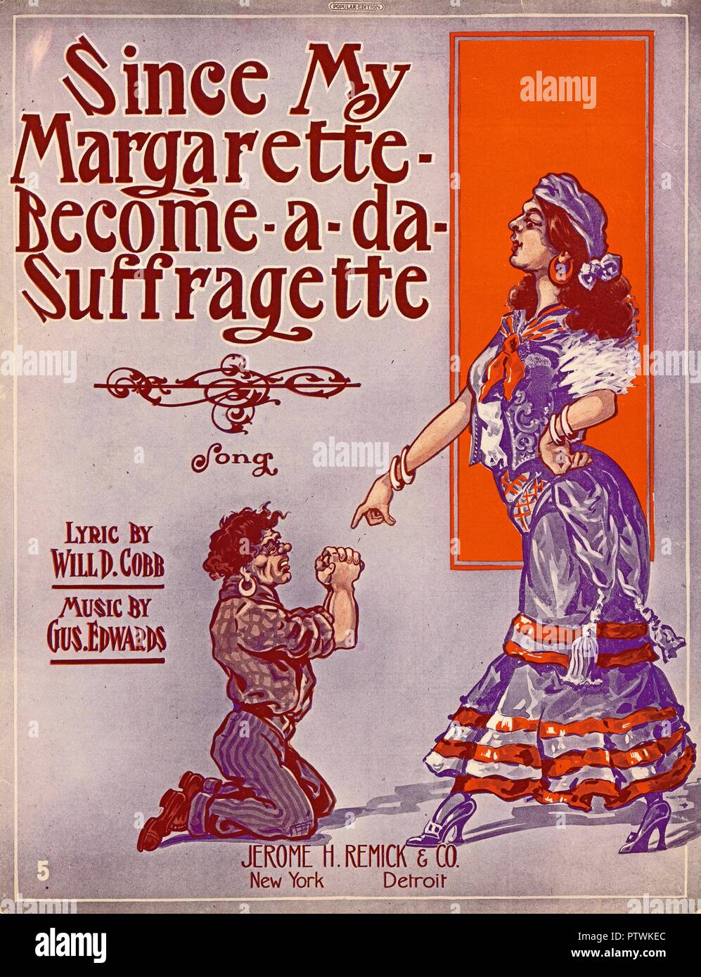 Sheet music cover for Will D Cobb and Gus Edwards' satirical song 'Since My Margarette Become-a-da Suffragette,' with an illustration of a man, kneeling in a supplicating pose before a woman, each dressed in a style suggesting that they are recent emigres from southern Europe, published in New York and Detroit, by Jerome H Remick and Company, for the American market, 1900. () Stock Photo
