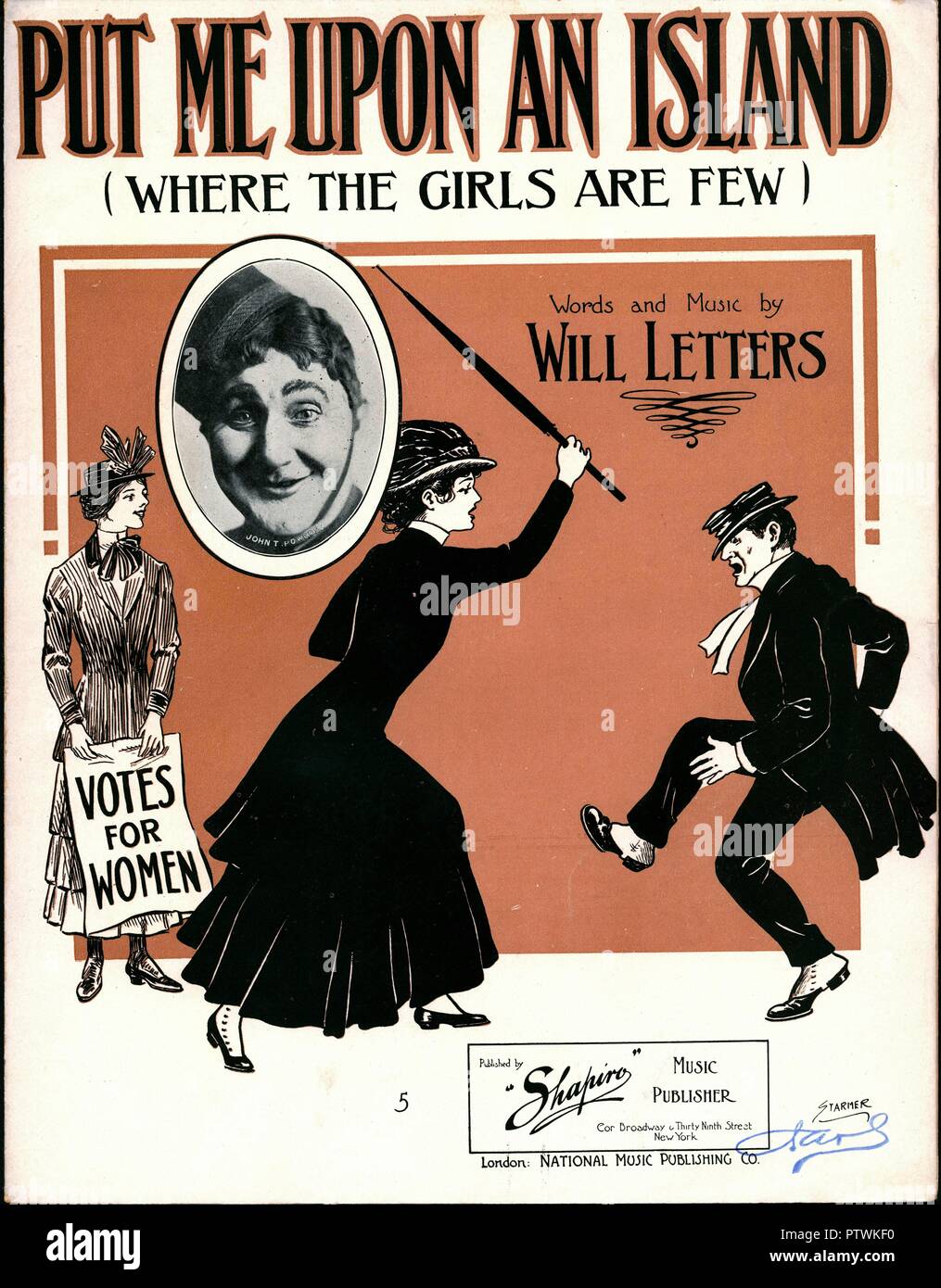 Sheet music cover for Will Letters' international, music hall hit 'Put Me On An Island,' with a photograph of an actor (possibly John T Powers) in stage makeup and a hat tilted to one side, and an illustration of two young women, one of whom is raising an umbrella to hit a man, published in New York City, by Shapiro Publishing Company, for the American market, 1909. () Stock Photo