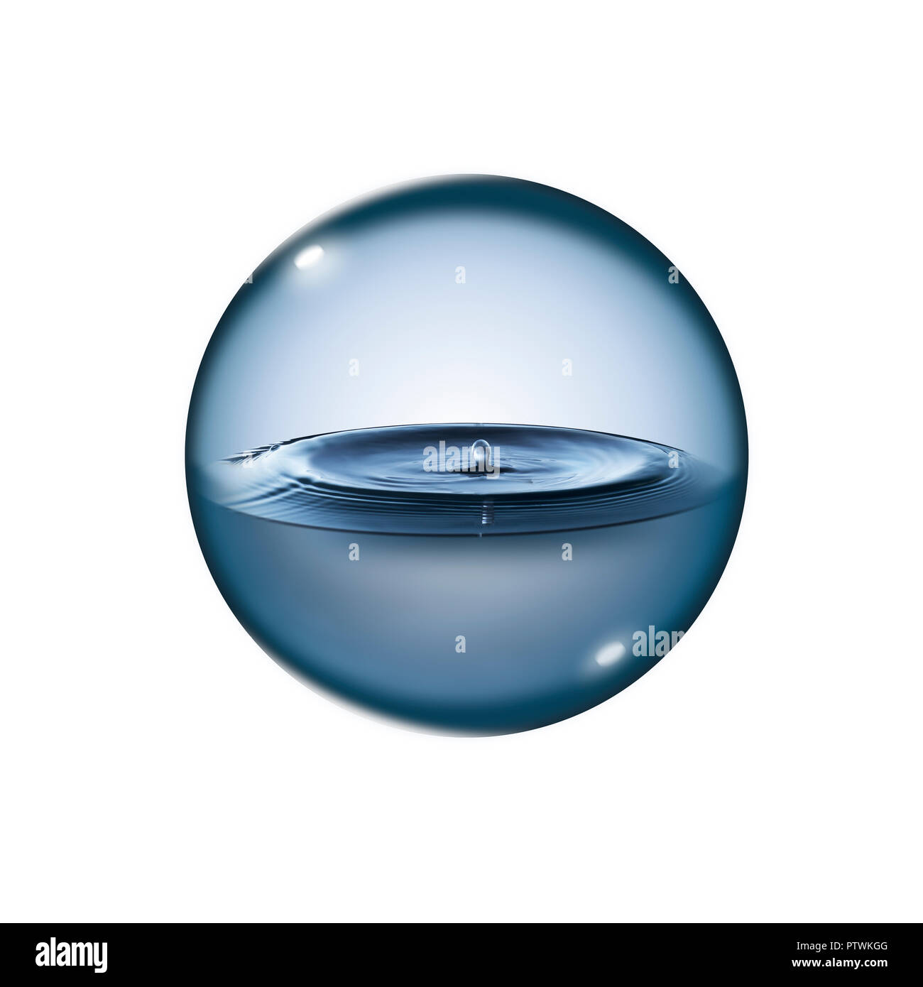 Transparent liquid in sphere against plain white background, digital composite Stock Photo