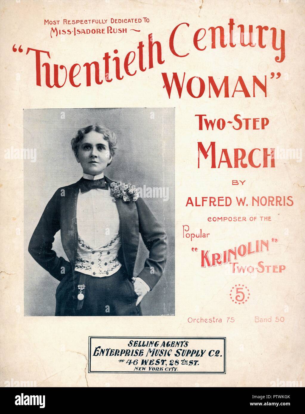 Sheet music cover for Alfred W Norris' suffrage-era song 'Twentieth Century Woman,' with a photograph of stage actress Isadore Rush, from the waist up, garbed in the 'New Woman' fashion of a male jacket, bow tie, vest, and trousers, published in New York City, by the Enterprise Music Supply Company, for the American market, 1896. () Stock Photo