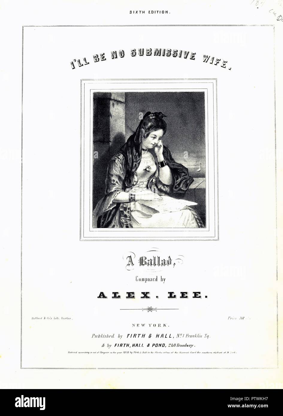 Sheet music cover for Alex Lee's satirical anti-suffrage song 'I'll Be No Submissive Wife,' with an image of a seated woman, wearing Victorian clothing, reading next to an open window, published in New York, by Firth and Hall, for the American market, 1838. () Stock Photo