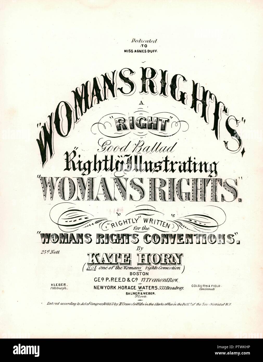 Sheet music cover for Kate Horn's anti-suffrage song 'Woman's Rights,' published in Boston, Massachusetts, for the American market, 1853. () Stock Photo