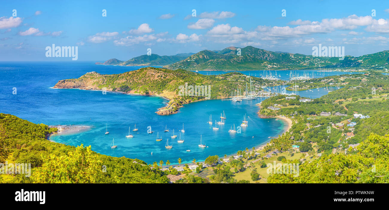 English harbour and Nelsons Dockyard in Antigua and Barbuda, paradise island of antigua in the caribbean at the viewpoint of Shirley Heights and Freem Stock Photo