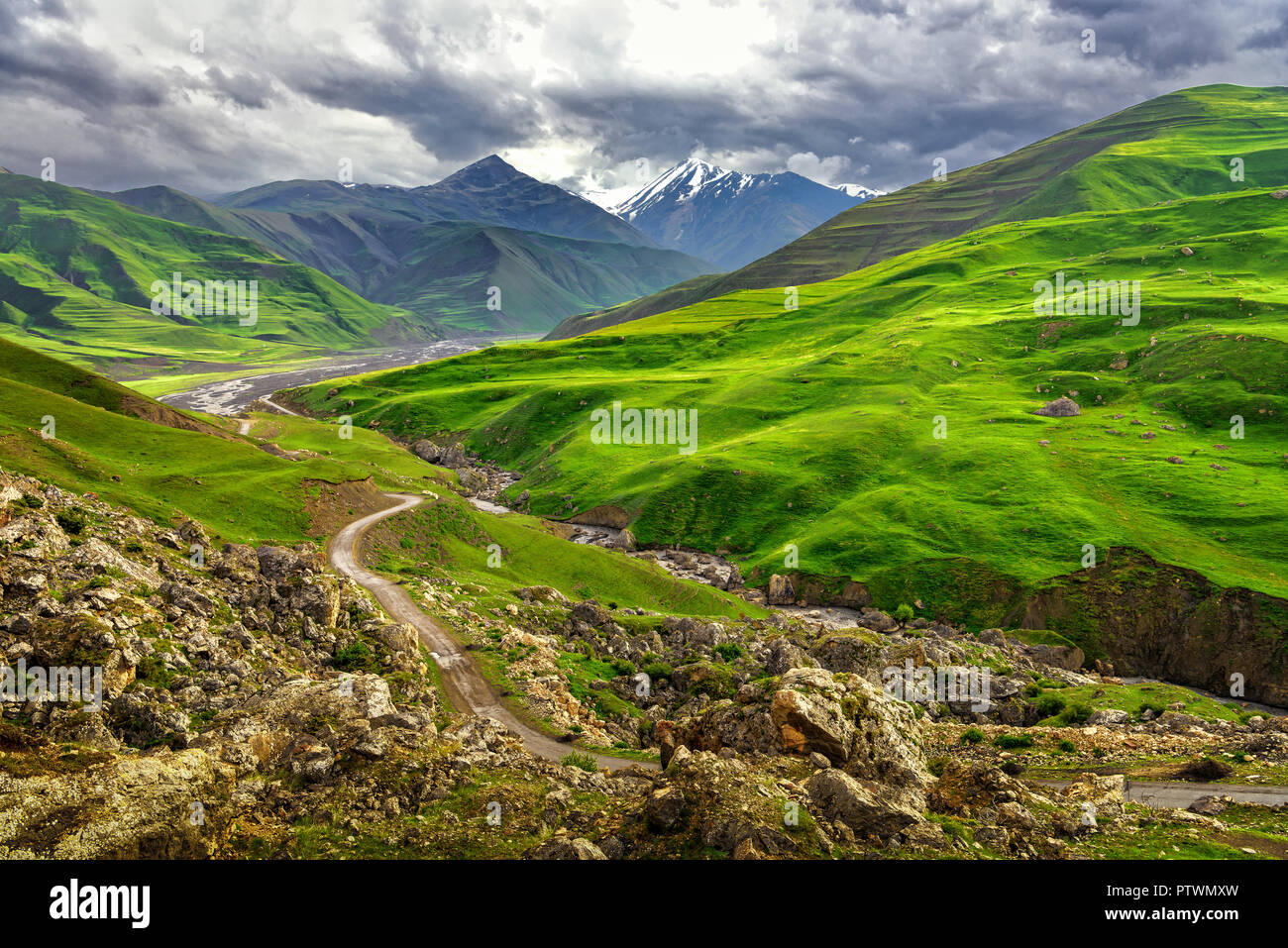Azerbaijan landscape of nature, Beautiful mountains and hills in the north of Azerbaijan near Quba in the village Khinaluq Stock Photo