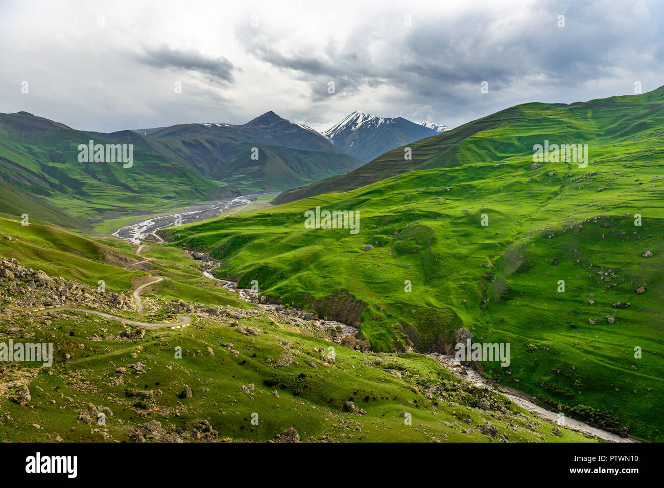 Azerbaijan landscape of nature, Beautiful mountains and hills in the north of Azerbaijan near Quba in the village Khinaluq Stock Photo