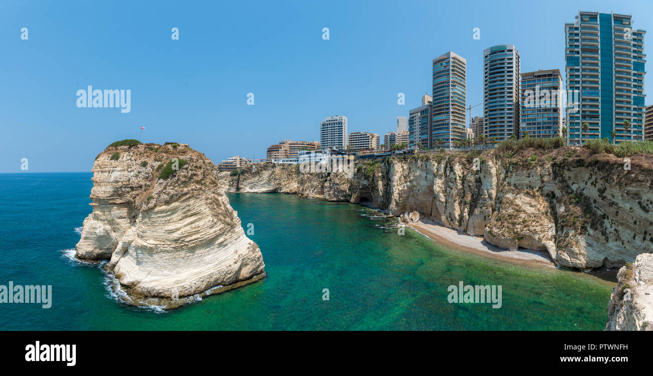 Skyline and Rouche rocks in Beirut, Lebanon cityscape at sea in day time in capital city Beirut Lebanon Stock Photo