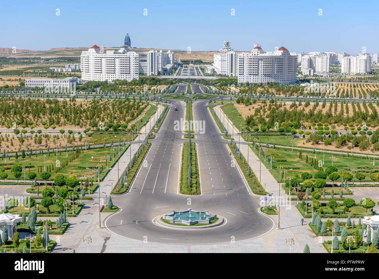 Ashgabat Turkmenistan city scape, skyline of beautiful architecture and parks in Ashgabat the capital city of Turkmenistan in Central Asia. Stock Photo