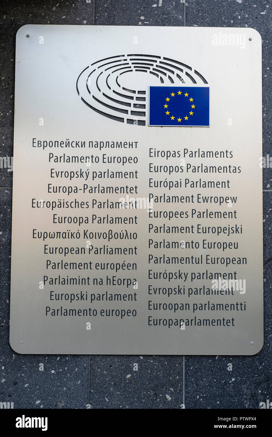 Sign, European Parliament, in international languages, Brussels, Belgium Stock Photo