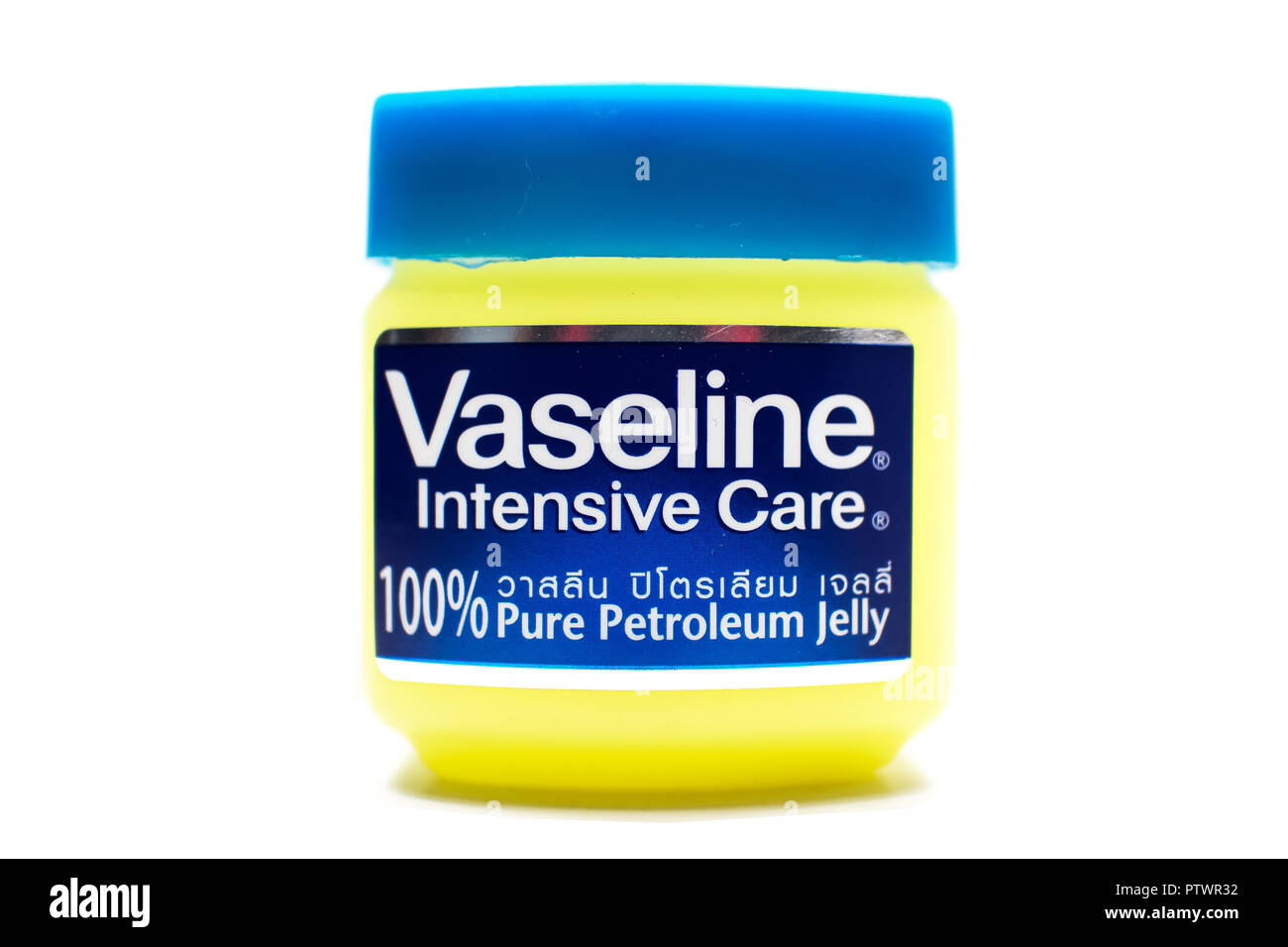 Chiangmai, Thailand - September 26 2018: Product shot of Vaseline Petroleum Jelly, isolated on White Background. Stock Photo