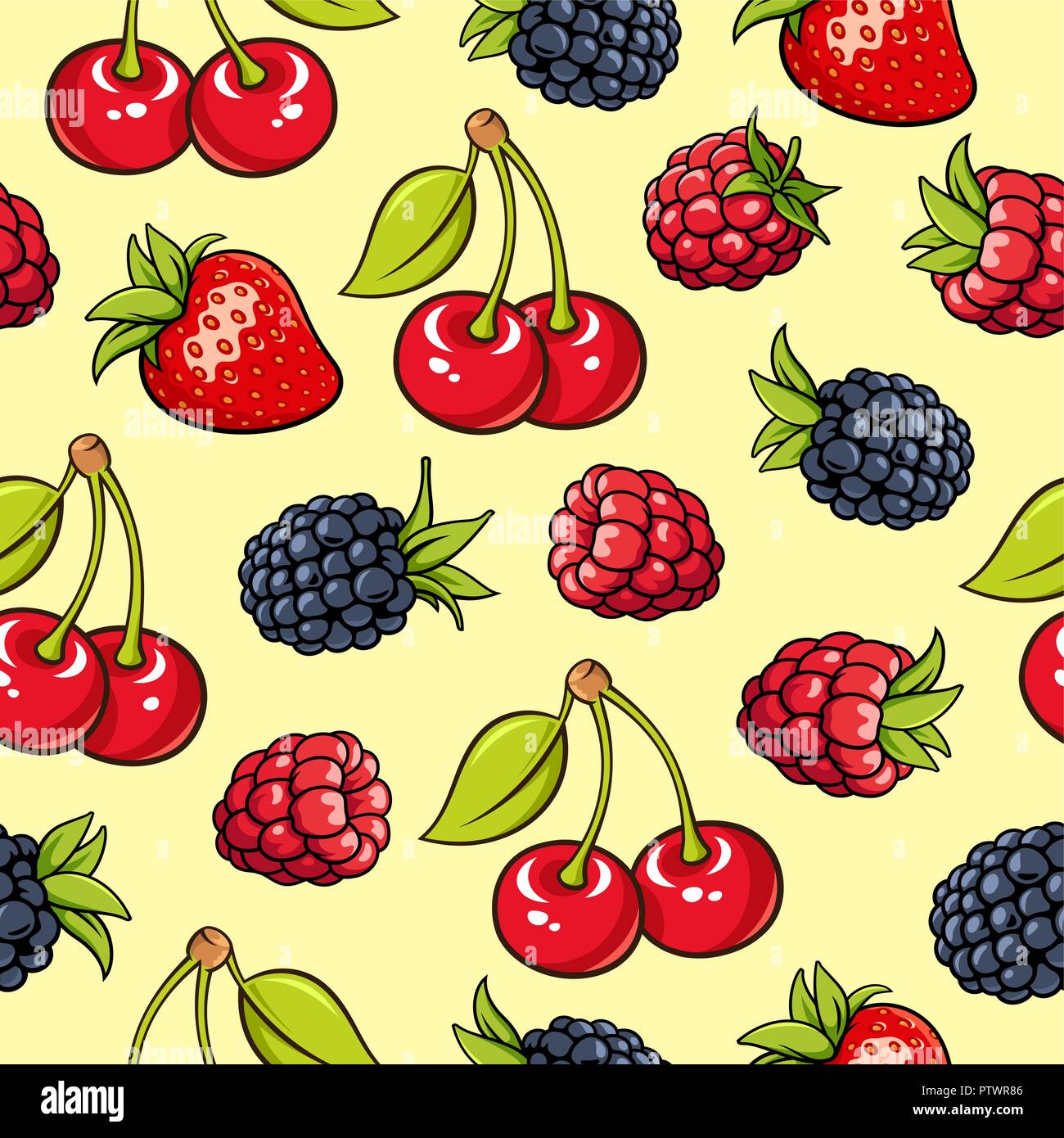 Seamless background with strawberry, blackberry, raspberry, cherry. Garden berries on yellow backdrop. Use as a pattern for fabric, web page backgroun Stock Vector
