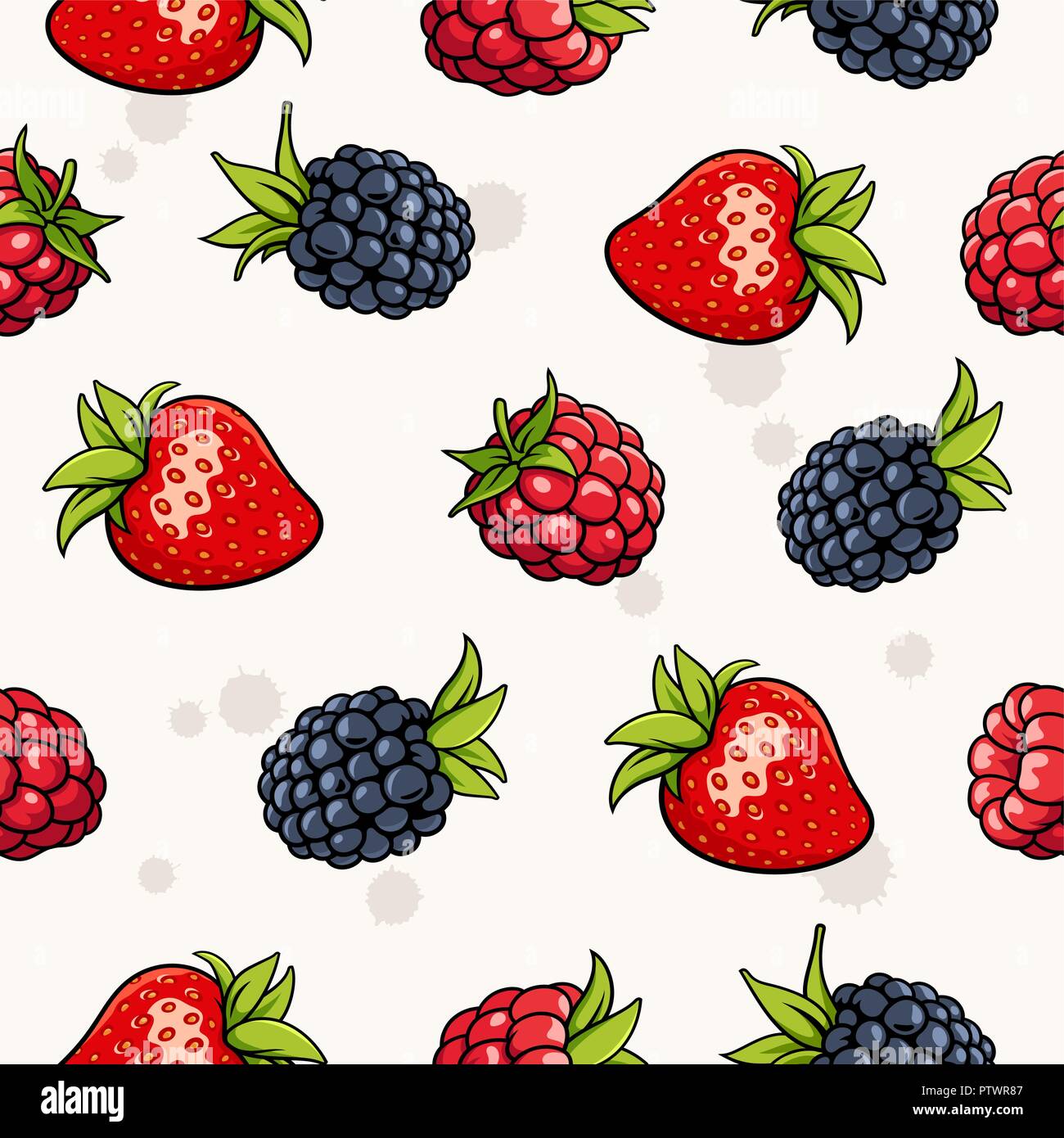 Seamless background with strawberry, blackberry, raspberry. Garden berries on light backdrop. Use as a pattern for fabric, web page background Stock Vector