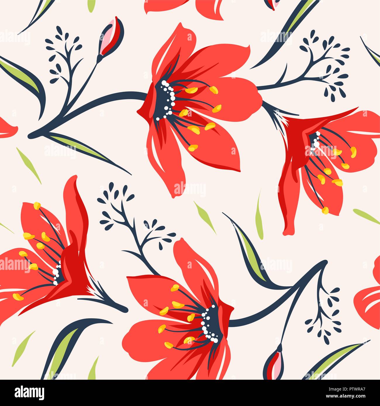 Floral seamless background with red wildflowers. Use for fabric design, pattern fills and decorating greeting cards or invitations Stock Vector
