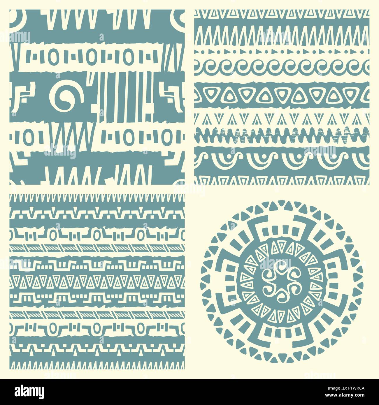 Set of hand drawn ethnic seamless backgrounds. Tribal patterns for your design. Use for fabric, pattern fills, web page background. Zigzag and stripe  Stock Vector