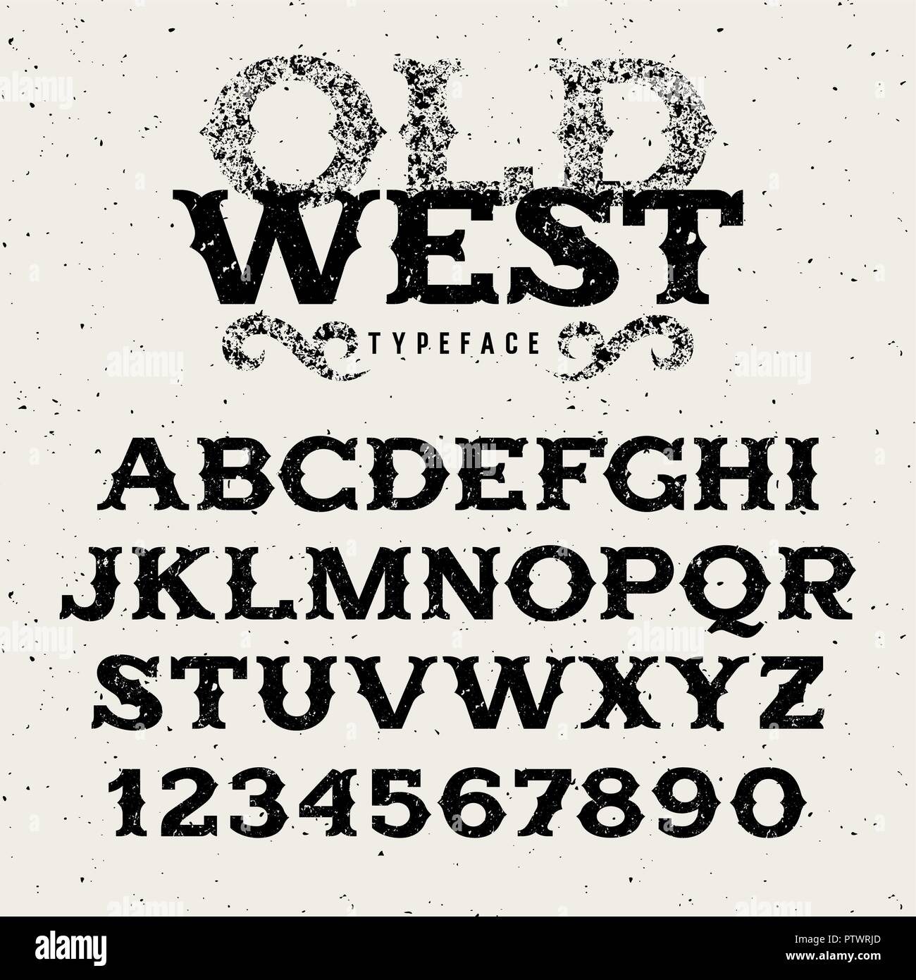 Vintage western alphabet / Retro font in wild west style / Old West typeface with grunge effect / Textured letters and numbers for labels and posters Stock Vector
