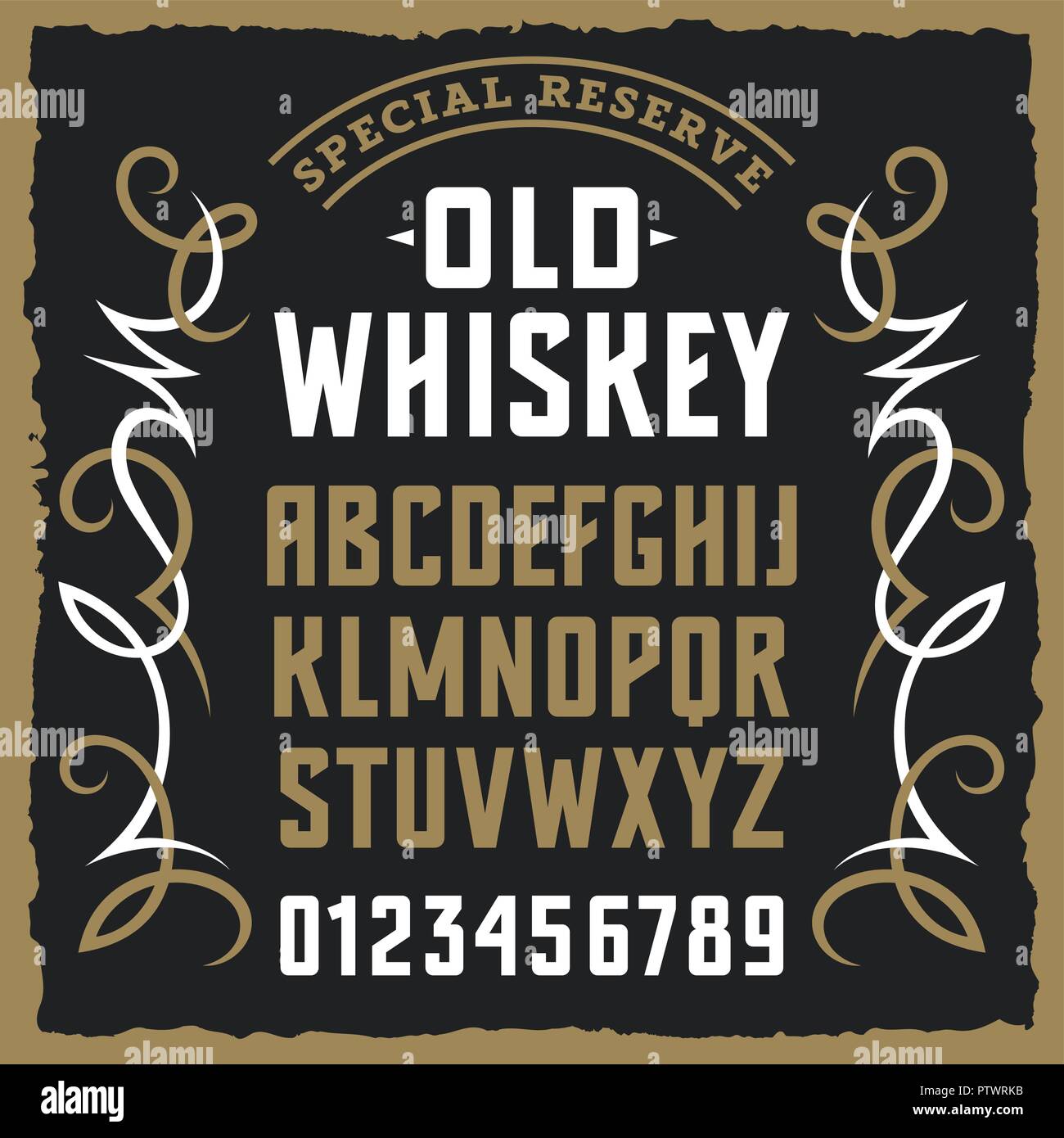 Vintage label font / Sample design with grunge and decorative elements / Uppercase letters and numbers Stock Vector
