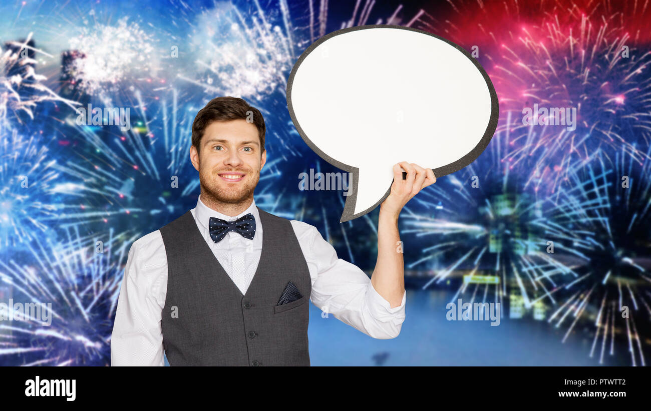 man in suit with blank text bubble over firework Stock Photo