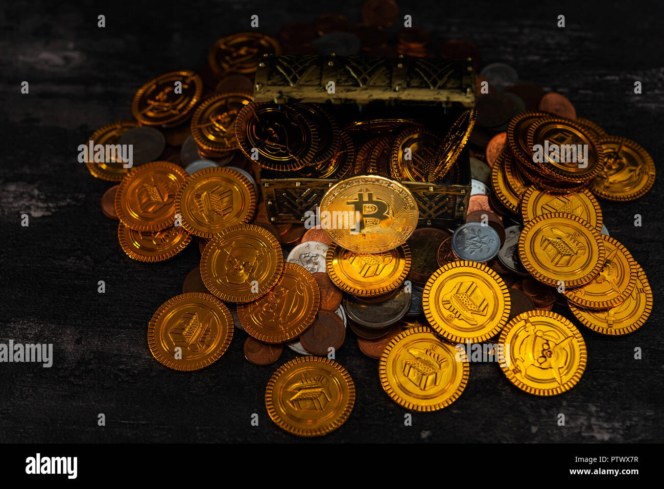 Crypto currency was found in the treasure box Stock Photo
