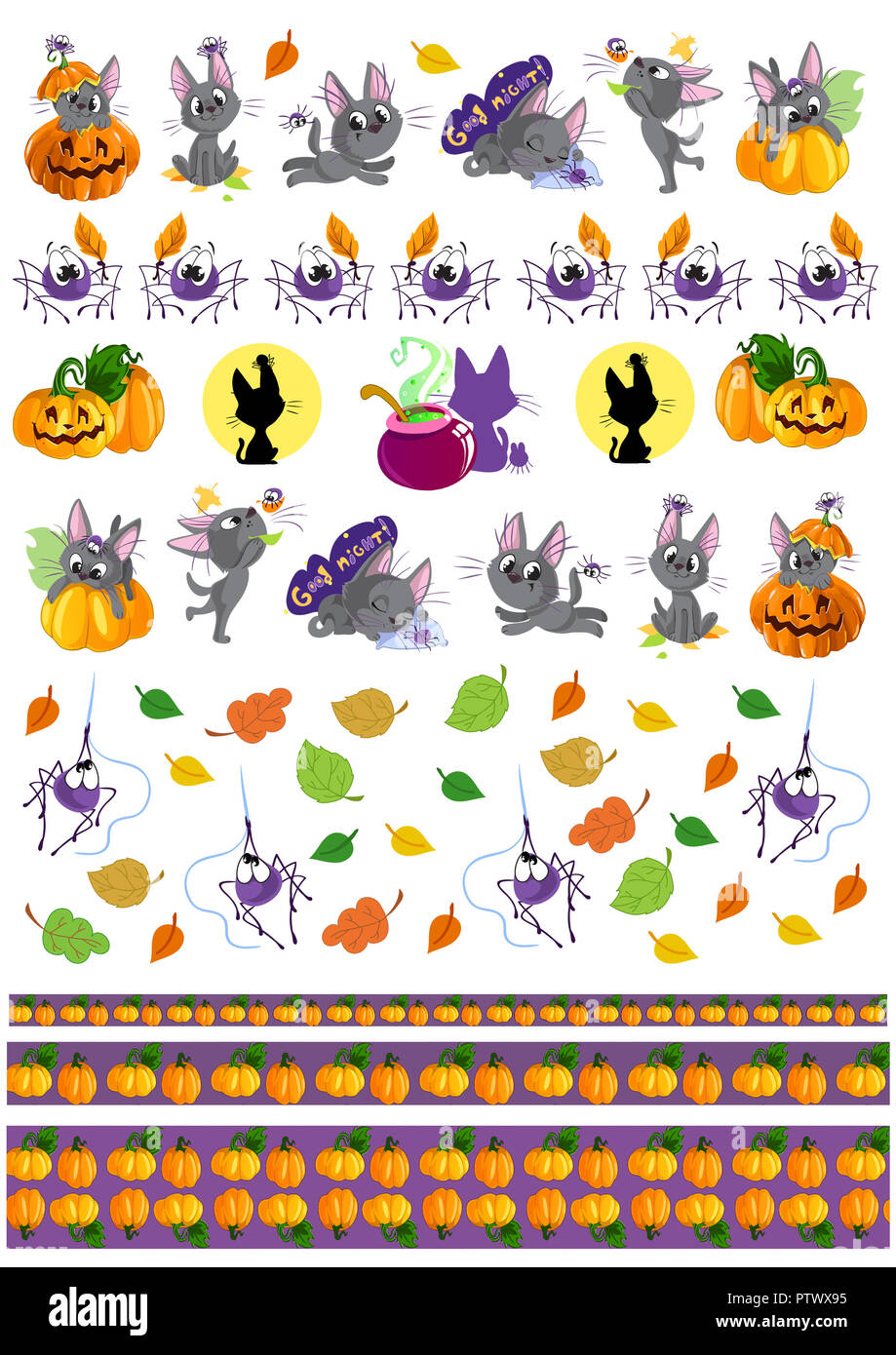 Weekly planner stickers for Halloween days. Cute cartoon black cat kitten in different poses and pumpkins Stock Photo
