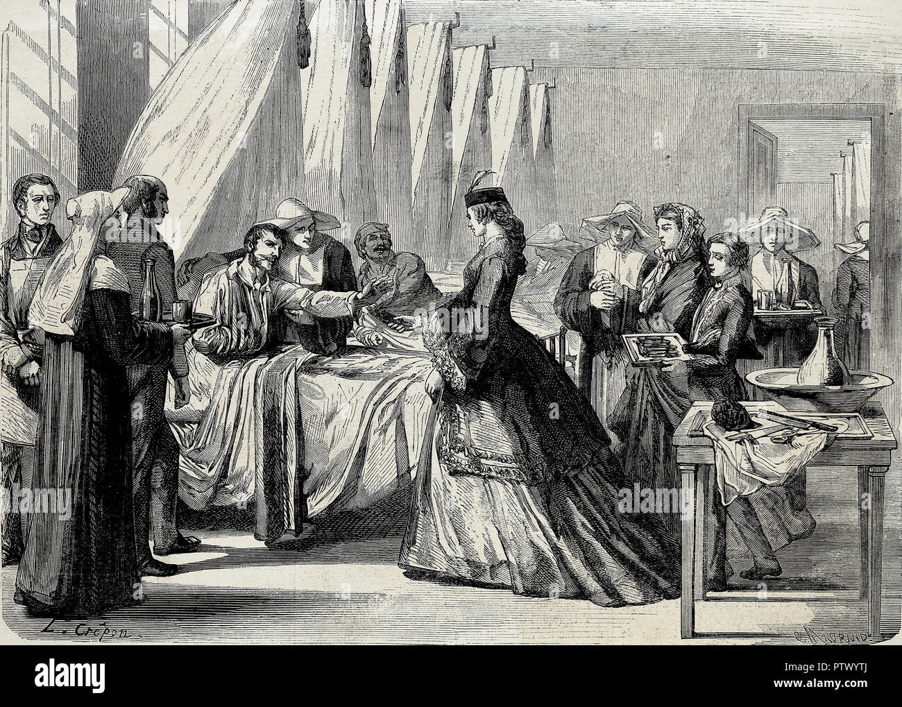 Empress Elisabeth of Austria (1873-1898), nicknamed Sisi, visiting wounded soldiers in a hospital. Line engraving. Stock Photo
