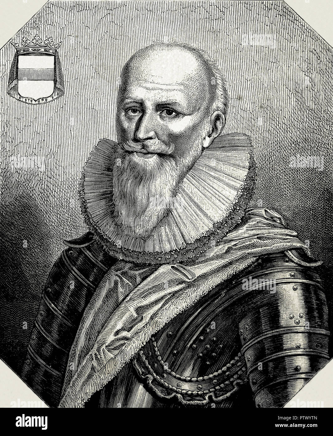 Duke of Sully (1560-1641) chief minister of France during the reign of Henry IV. Portrait with armor. Line engraving. Stock Photo