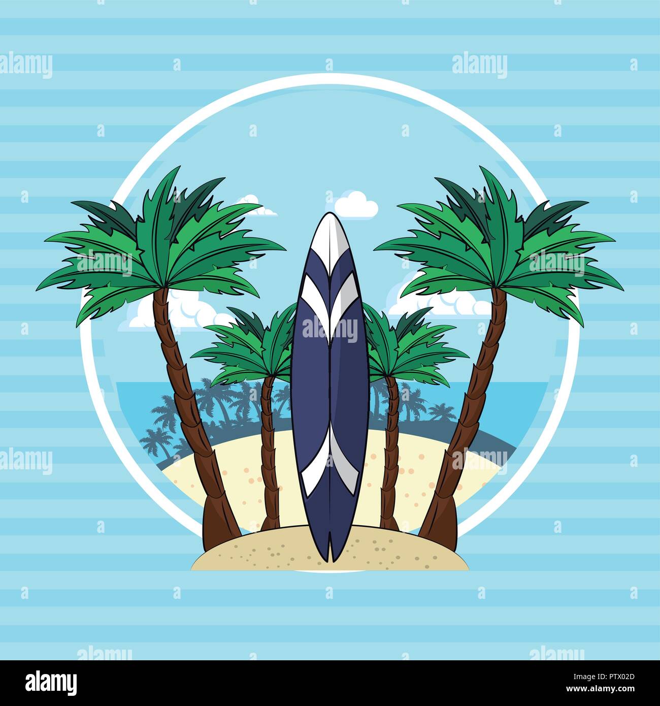 surfboard and palm trees lifestyle frame poster vector illustration ...