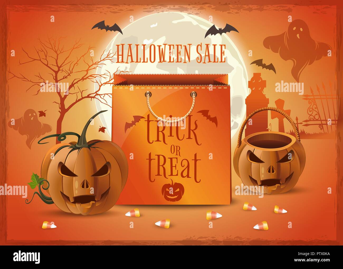 Halloween sale poster design. Halloween shopping. Trick or treat. Vector illustration Stock