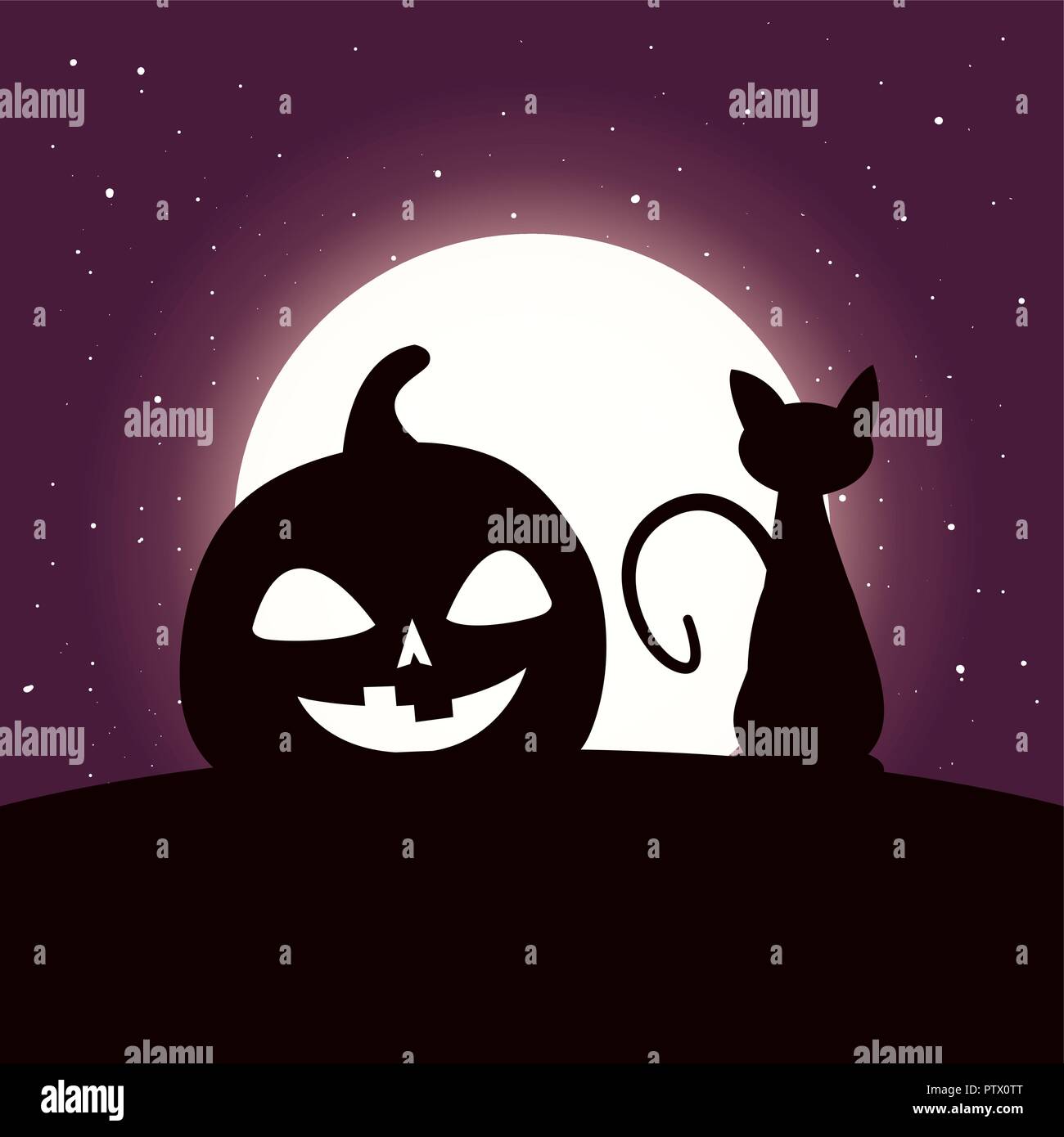 happy halloween moon black cat pumpkin night vector illustration Stock ...