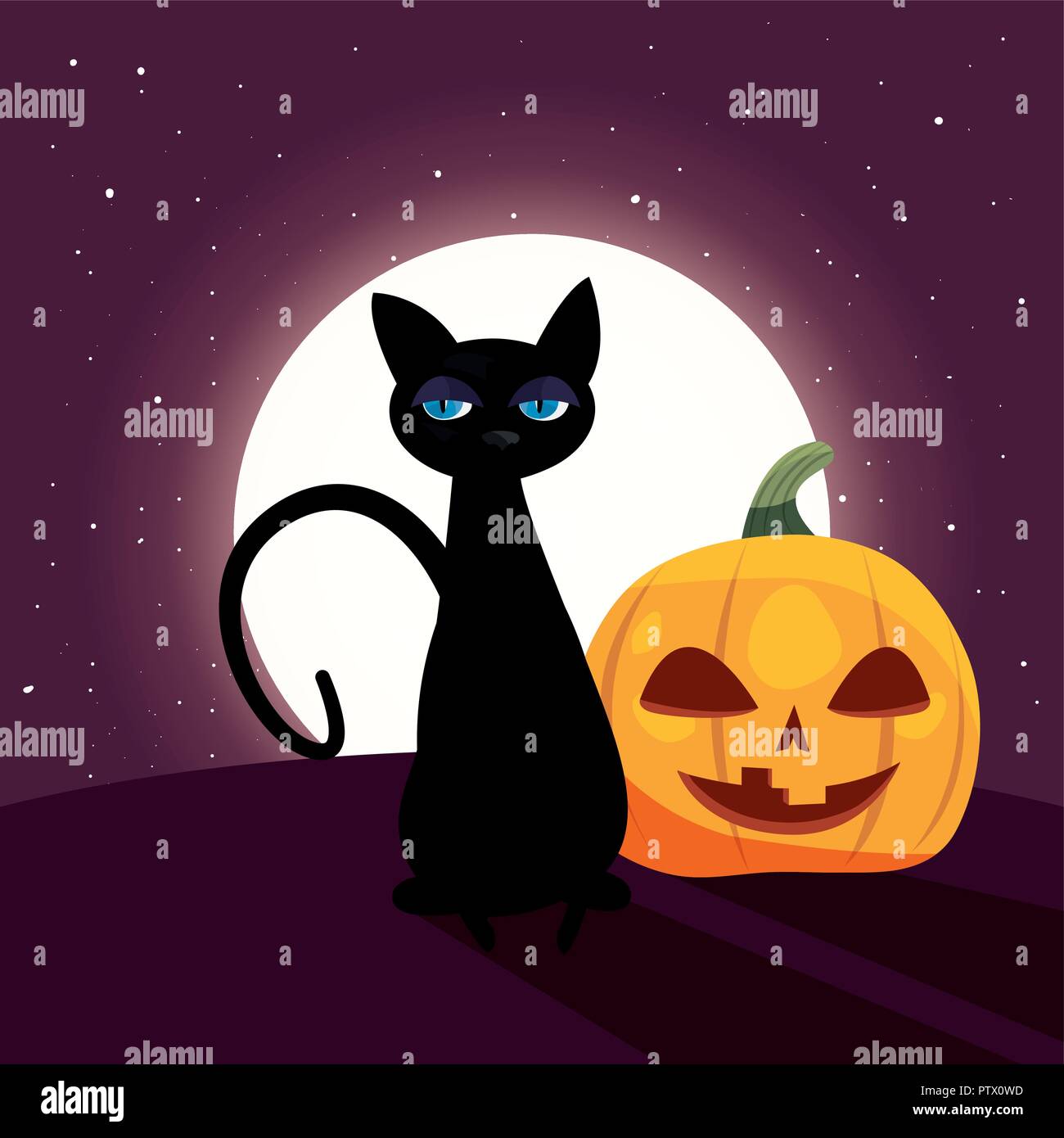 happy halloween moon stars cat pumpkin vector illustration Stock Vector ...