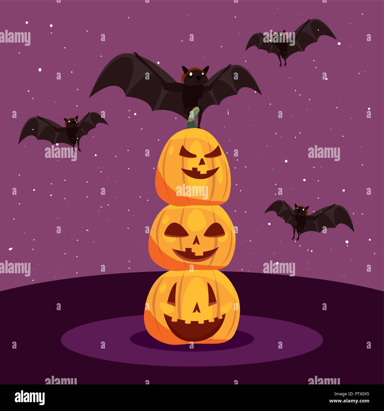 happy halloween tree pumpkins stars bats vector illustration Stock ...