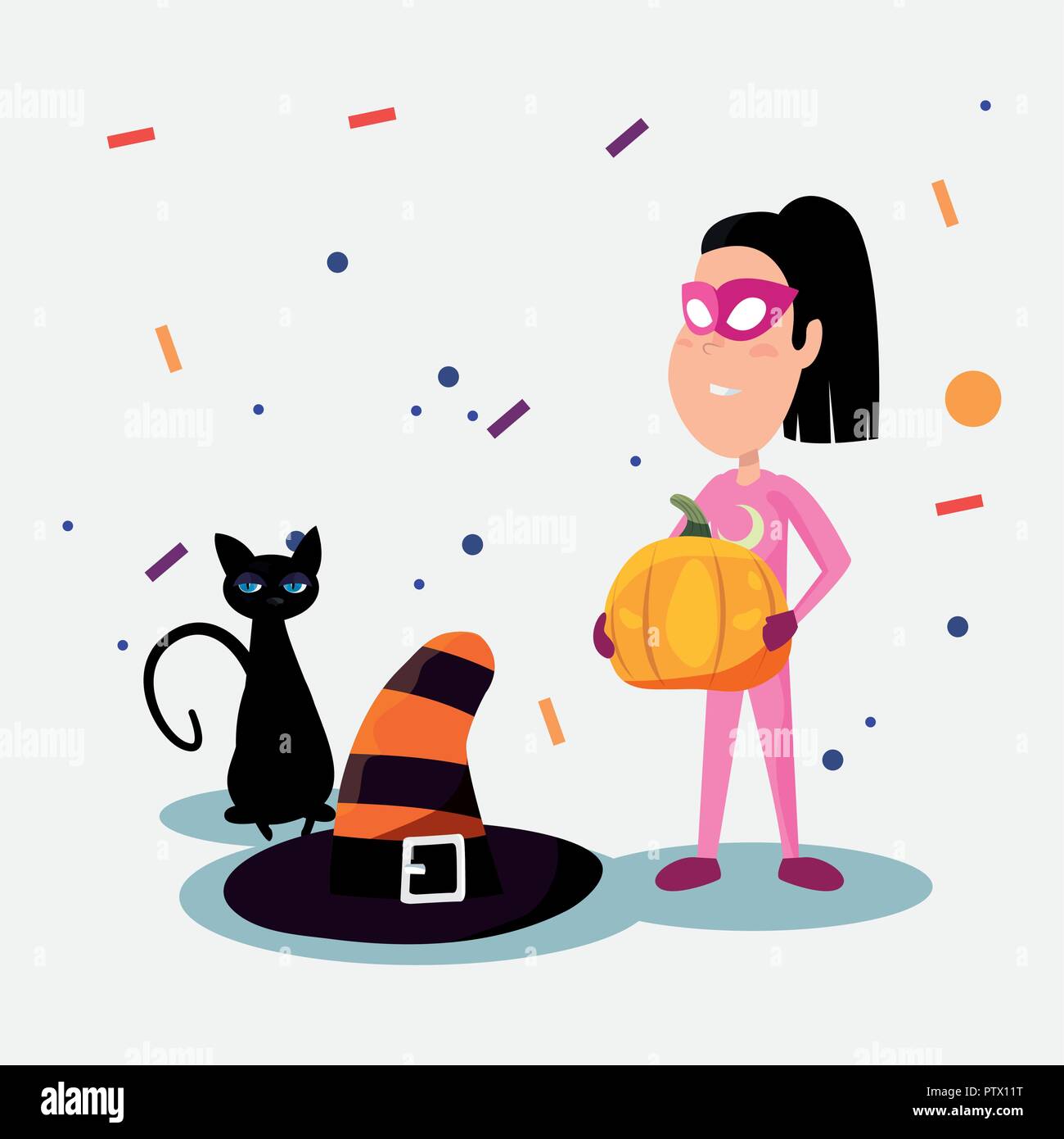 happy halloween super girl custome holding pumpkin witch hat vector ...