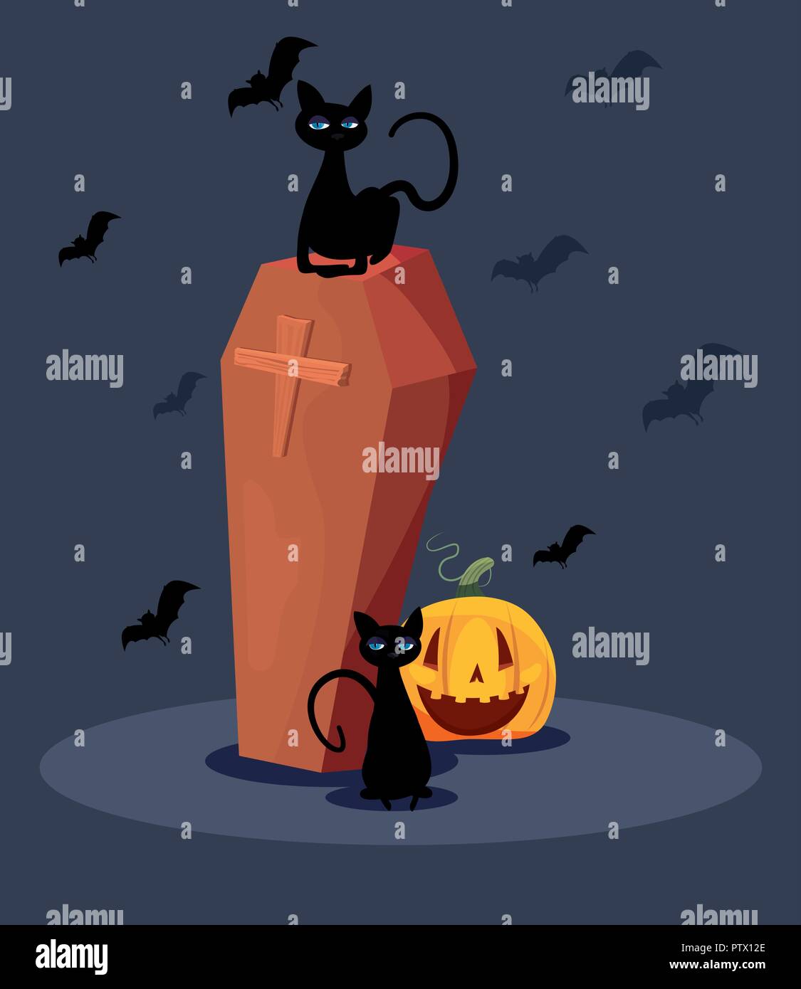 happy halloween coffin cats pumpkin bats flying vector illustration ...