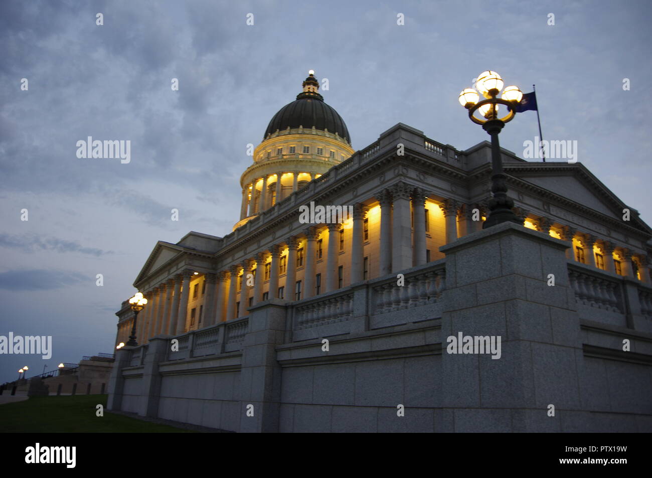 Low angle time exposure view of the Utah State house in Salt Lake City at sunrise Stock Photo