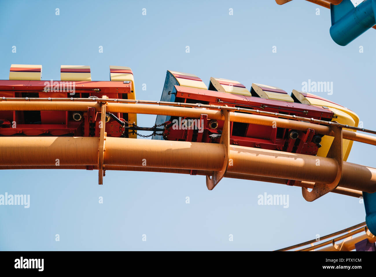 the most popular roller coaster in the amusement park is testing on the rail Stock Photo