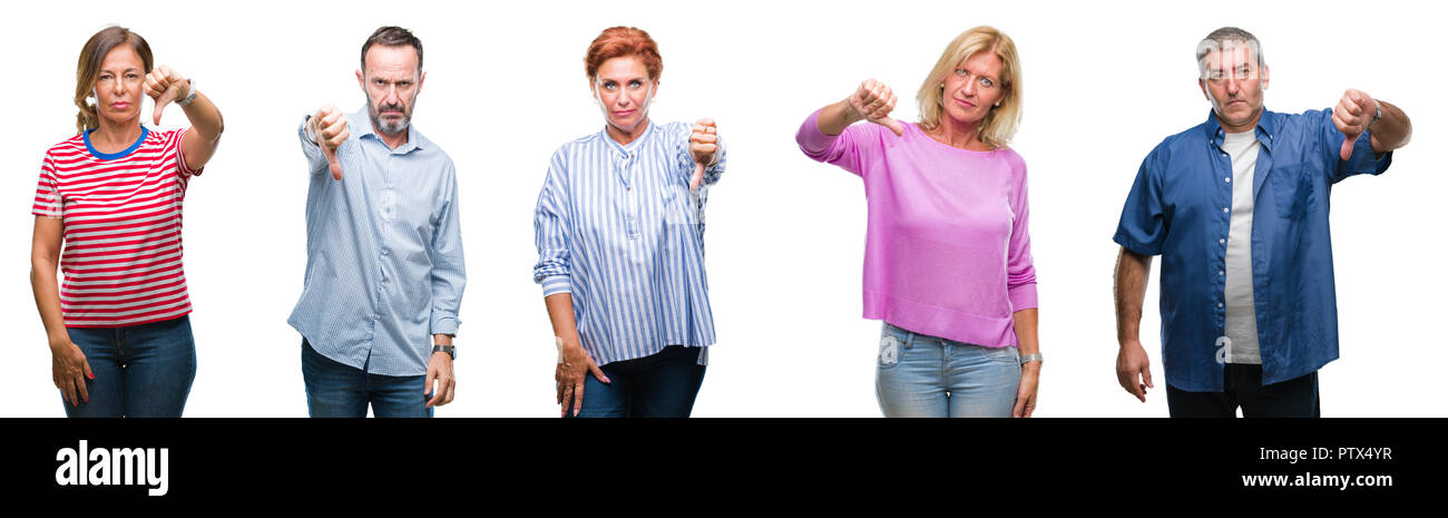 Collage of group of middle age and senior people over isolated background looking unhappy and angry showing rejection and negative with thumbs down ge Stock Photo