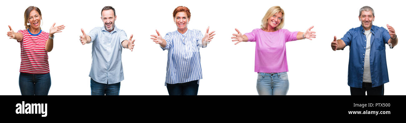 Collage of group of middle age and senior people over isolated background looking at the camera smiling with open arms for hug. Cheerful expression em Stock Photo