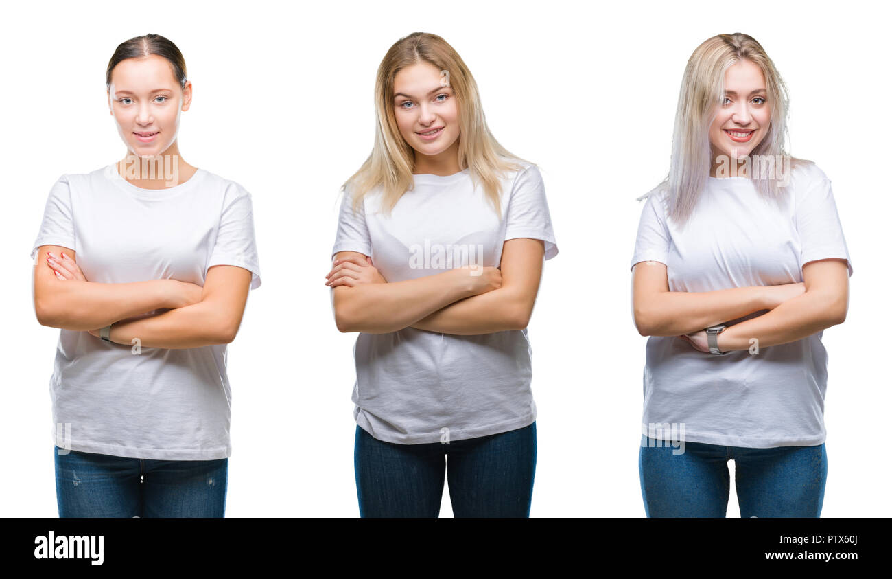 Collage of group of young women wearing white t-shirt over isolated background happy face smiling with crossed arms looking at the camera. Positive pe Stock Photo
