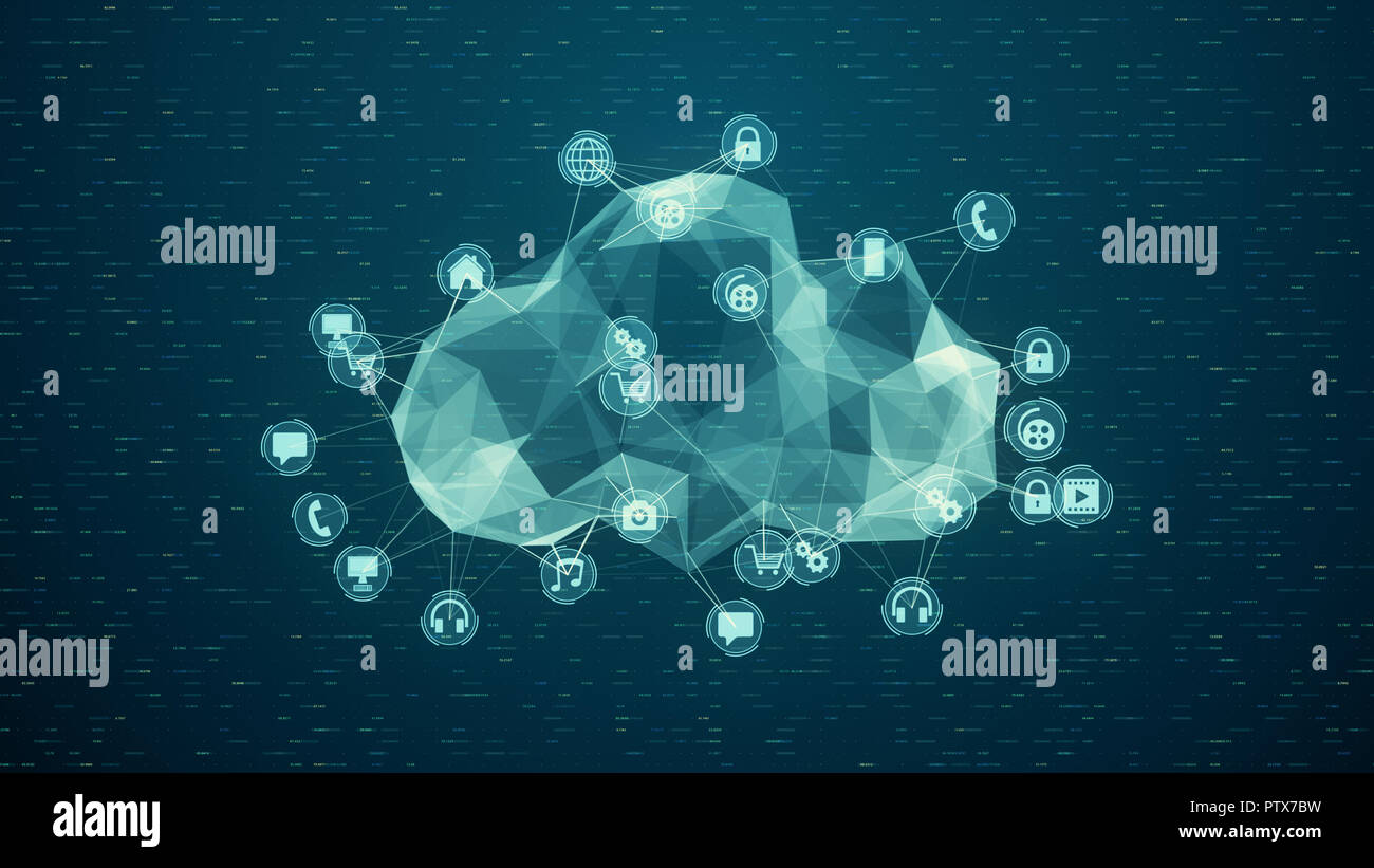 cloud in low poly style, with icons around it, concept of new technology, web and smart home (3d render) Stock Photo