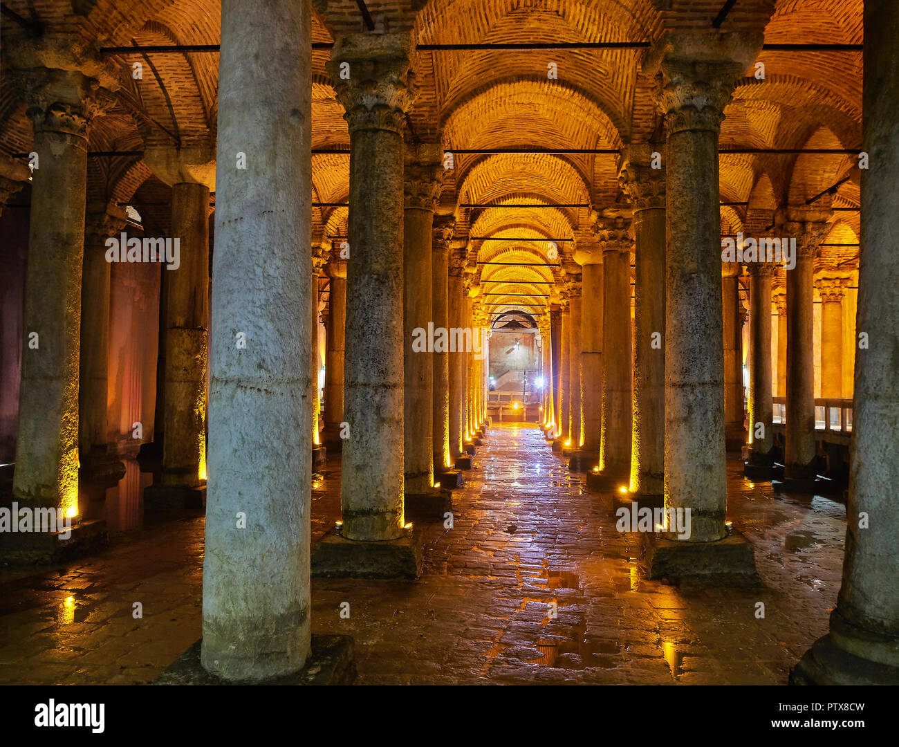Colonnade perspective of subterranean Basilica Cistern also known as Yerebatan Sarnici. Istanbul, Turkey. Stock Photo
