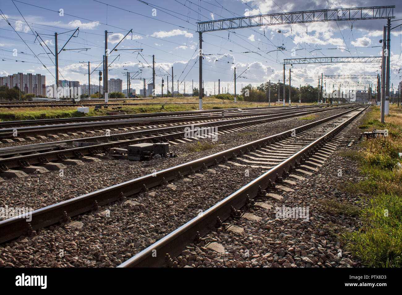 Railroad urbanistic landscape. No people. Perspective view Stock Photo