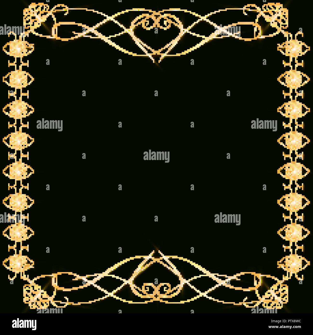 Gold frames with hearts, with glare and radiance, blank for a card, isolated on black, wedding card,copy space Stock Vector
