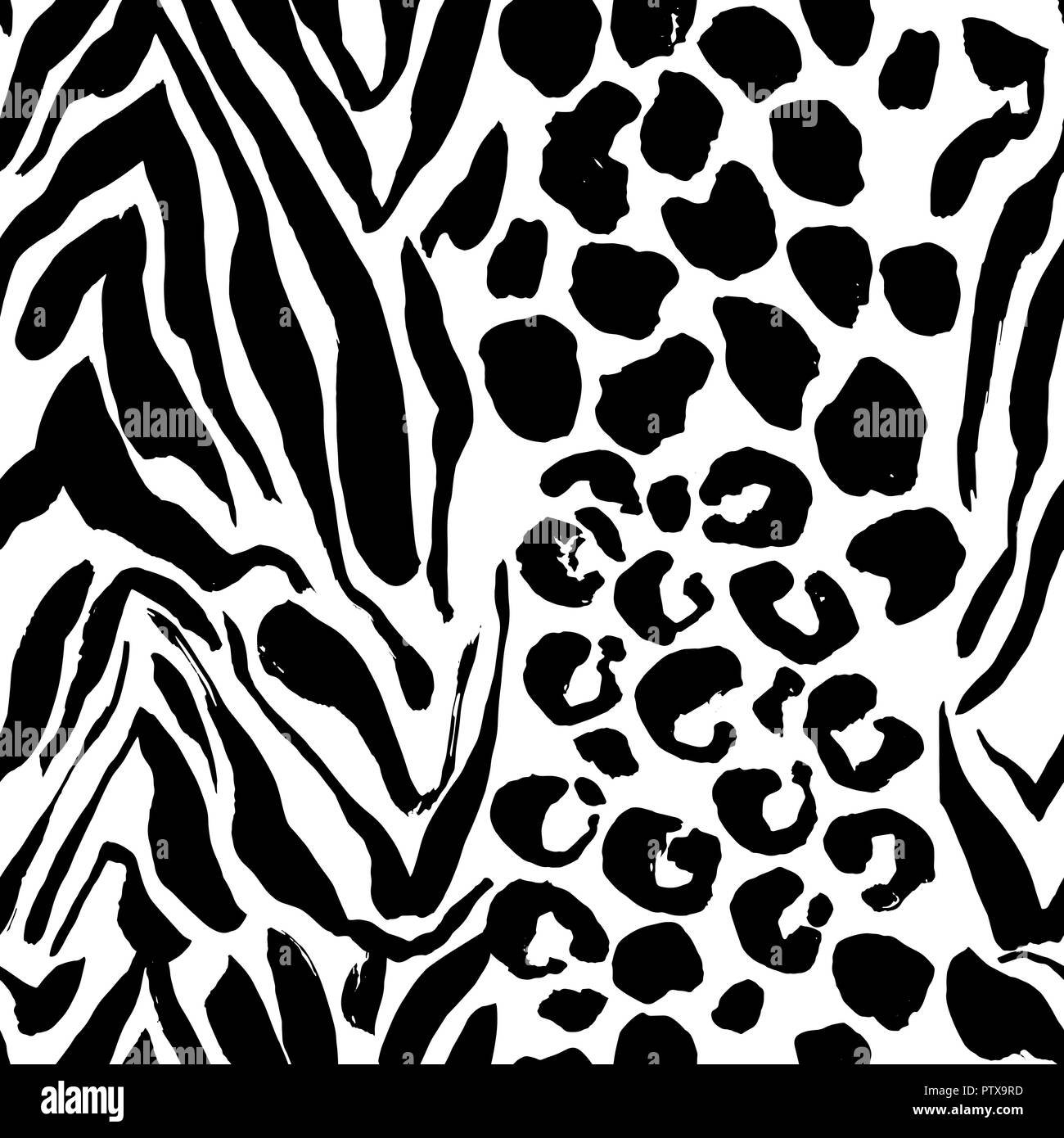 Brush painted tiger seamless pattern. Black and white leopard stripes grunge background. Stock Vector