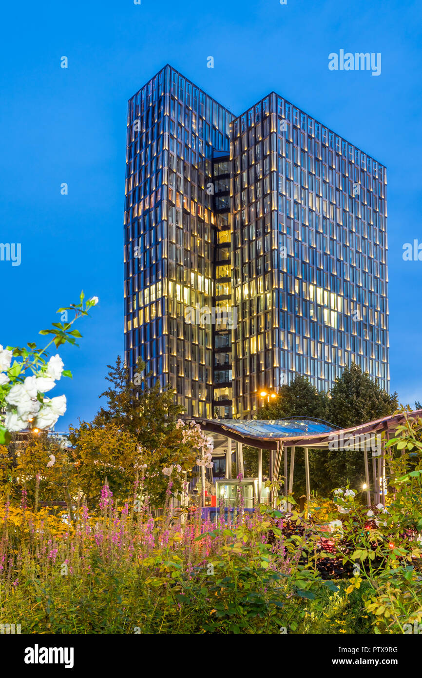 View from Planten un Blomen park to the Dancing Towers building at dusk, Hamburg, Germany, Europe Stock Photo