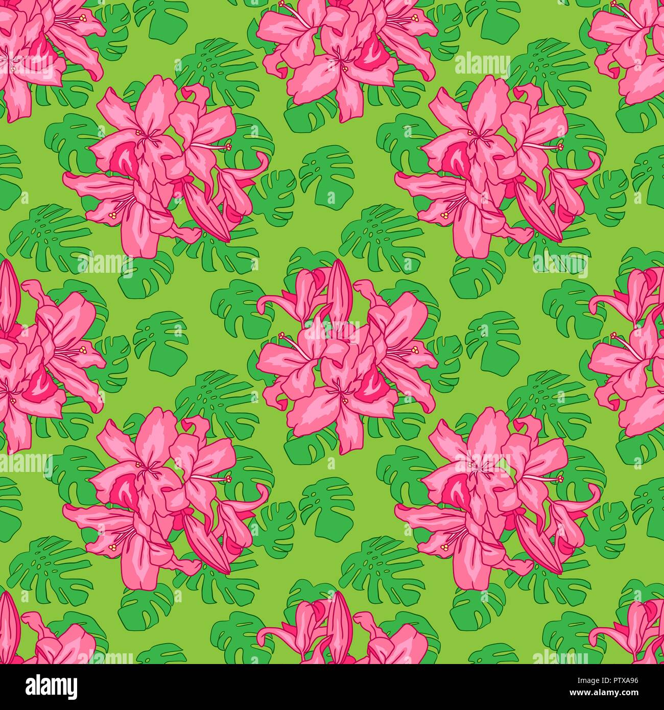 Seamless pattern of monstera leaves with pink flowers. Vector