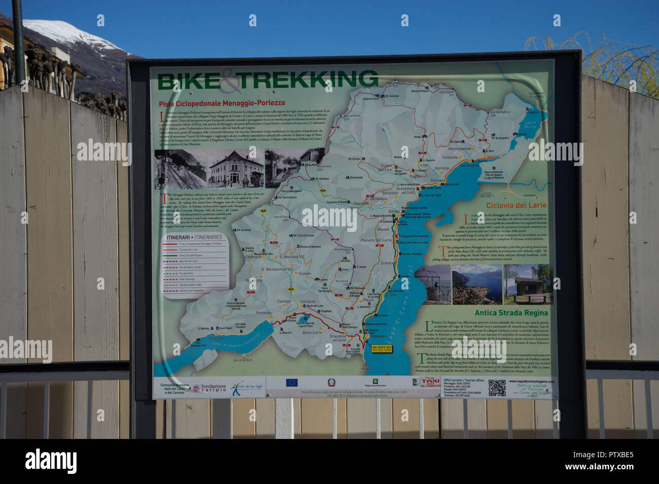 Menaggio, Italy-April 2, 2018: Trekking and biking map of Menaggio, Lombardy Stock Photo