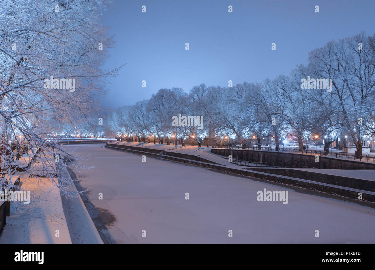Aurajoki river at winter night with frosty trees on the river banks Stock Photo