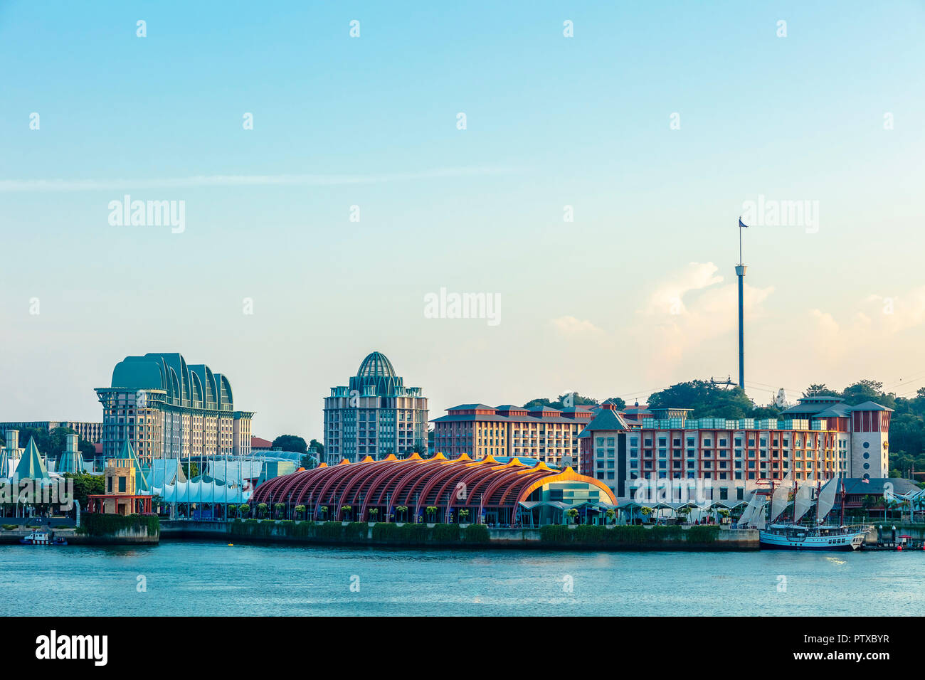 Singapore - August 13 2018: Sentosa Island Resort World Genting Casino Universal Studio tourist attraction scenic view from Vivo City Singapore Stock Photo