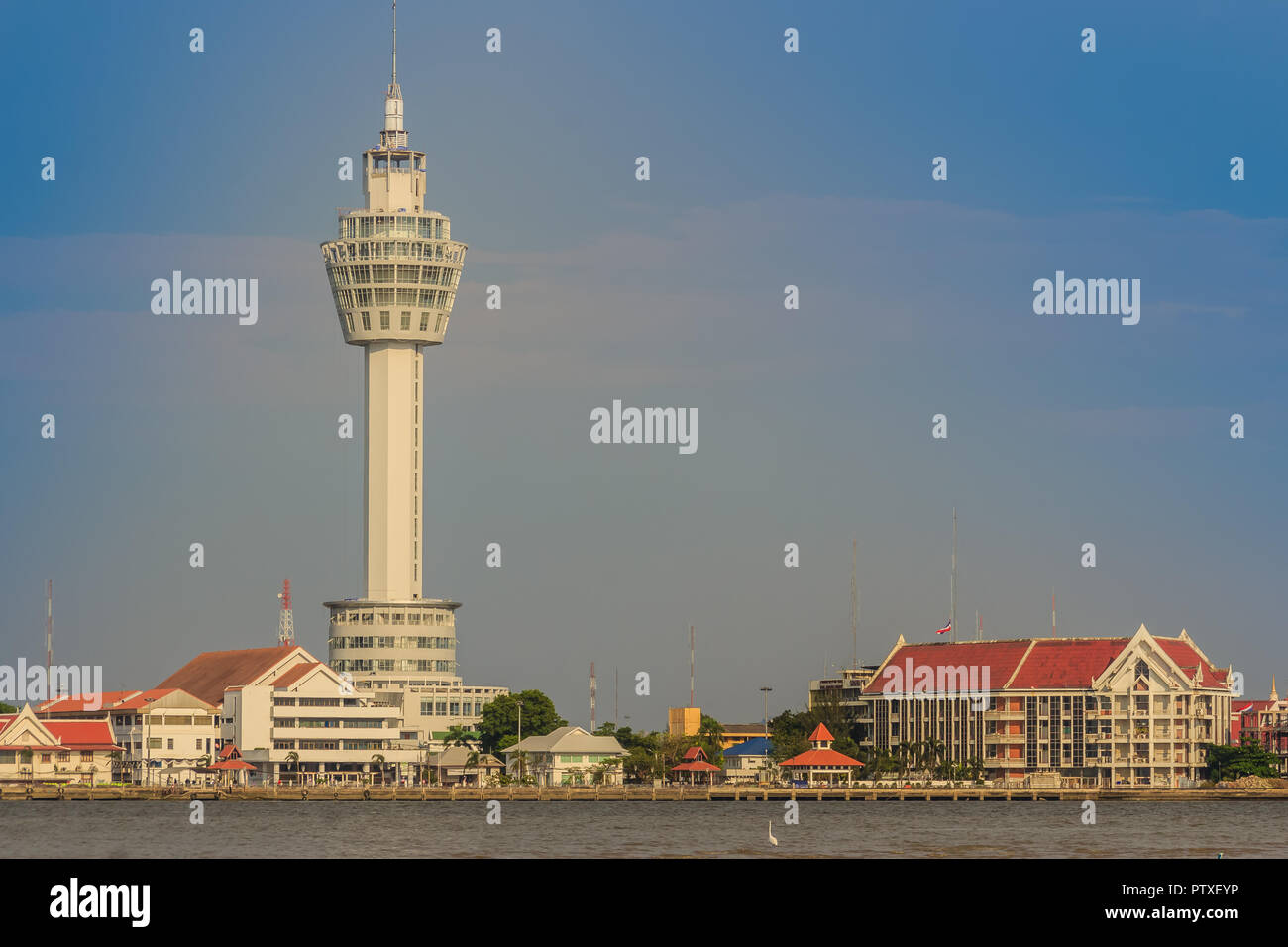Riverfront View Of Samut Prakan City Hall With New Observation Tower And Boat Pier Samut Prakan Is At The Mouth Of The Chao Phraya River On Gulf Of T Stock Photo